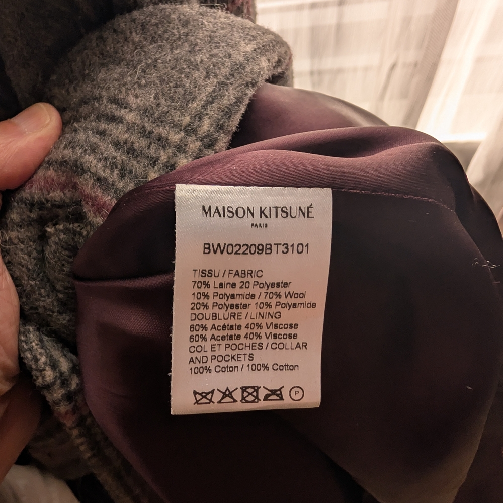 MAISON KITSUNE Gray and Black Plaid Pea Coat - Picture 4 of 5